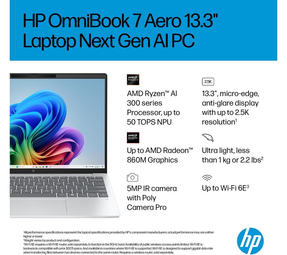 HP OmniBook 7 Aero NGAI 13.3" Laptop - AMD Ryzen AI 5, 512 GB SSD, Glacier Silver image number 4 of 24