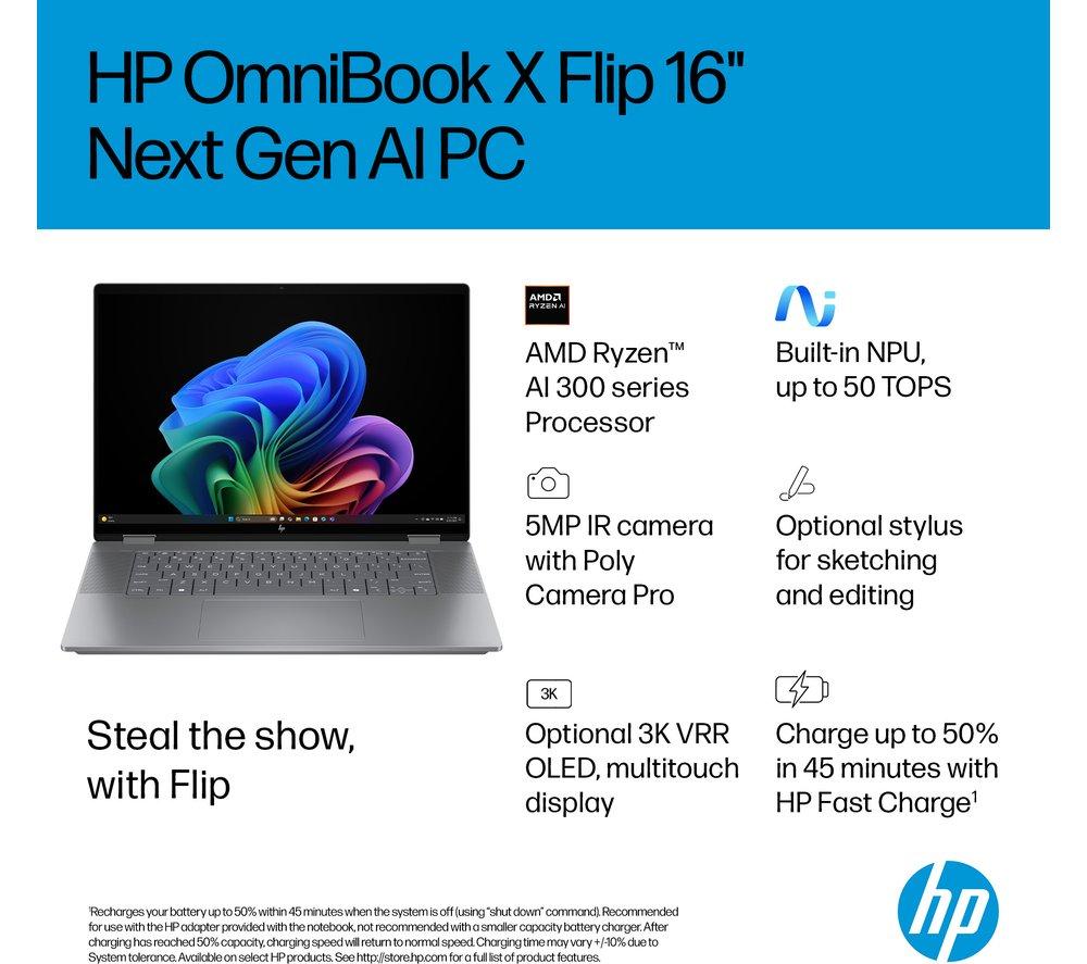HP OmniBook X Flip NGAI 16" 2 in 1 Laptop - AMD Ryzen AI 5, 512 GB SSD, Meteor Silver image number 4 of 31