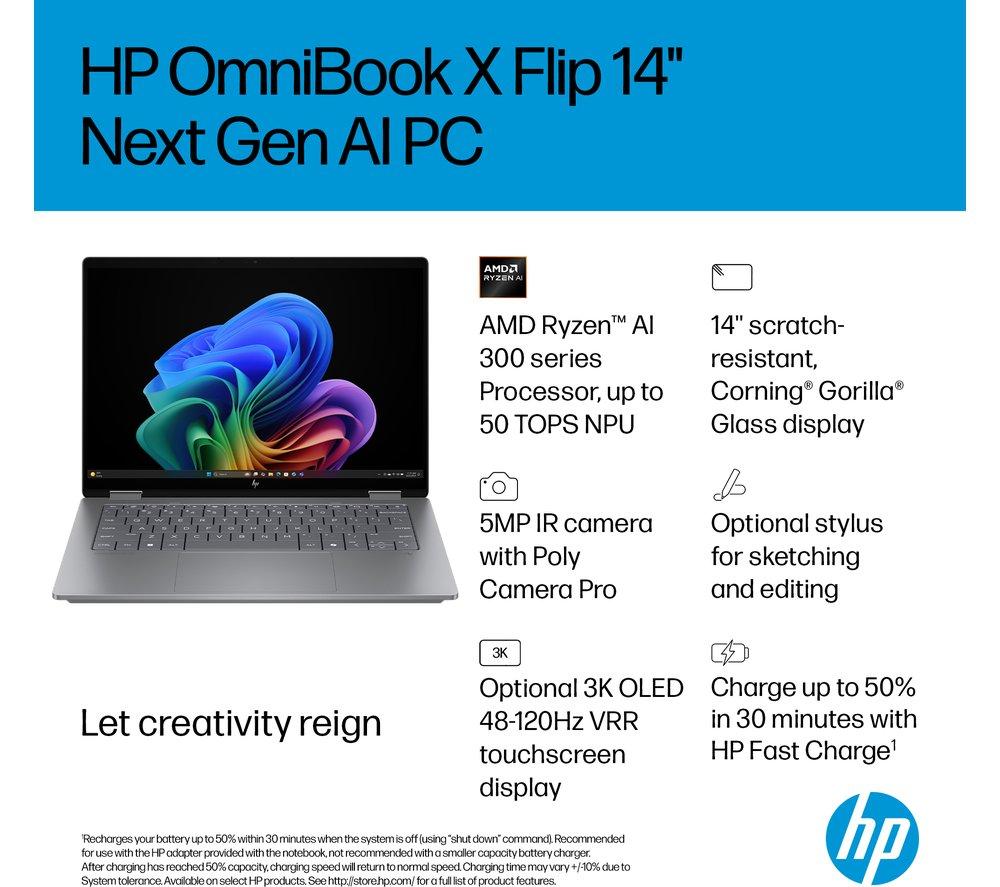 HP OmniBook X Flip NGAI 14" 2 in 1 Laptop - AMD Ryzen AI 7, 1 TB SSD, Meteor Silver image number 4 of 28