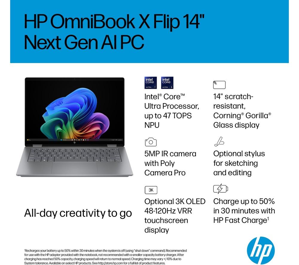 HP OmniBook X Flip NGAI 14" 2 in 1 Laptop - Intel&reg; Core&trade; Ultra 7, 1 TB SSD, Meteor Silver image number 4 of 29