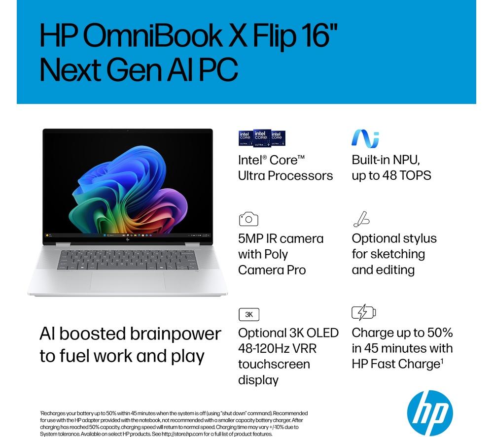 HP OmniBook X Flip NGAI 16" 2 in 1 Laptop - Intel&reg; Core&trade; Ultra 5, 512 GB SSD, Glacier Silver image number 4 of 33