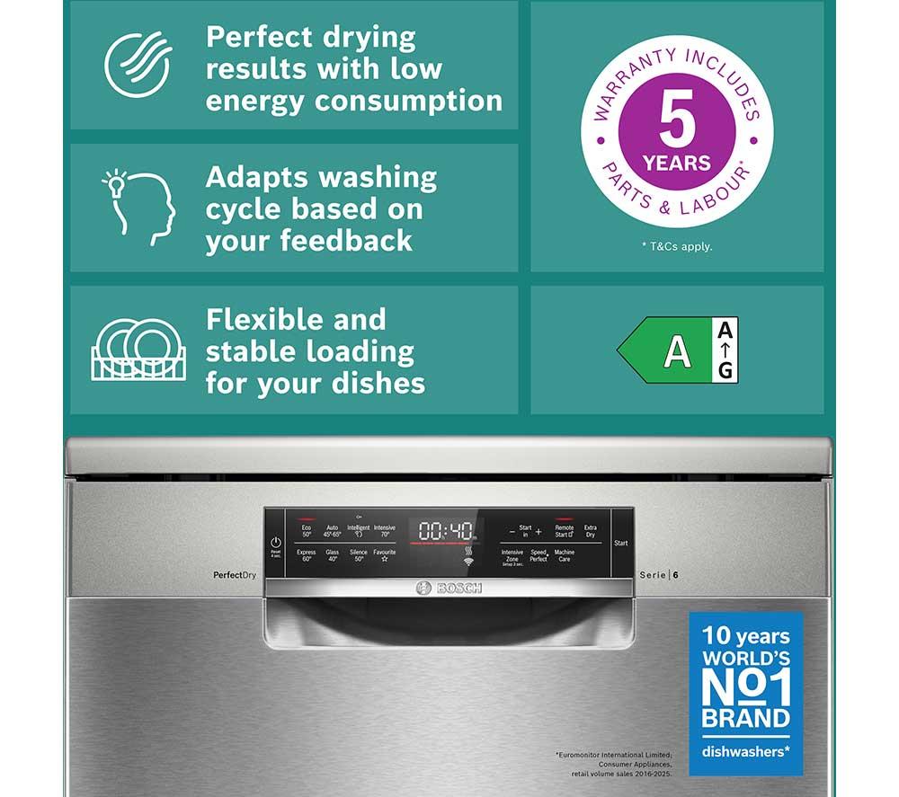 BOSCH Series 6 PerfectDry SMS6TCI02G Full-size WiFi-enabled Dishwasher - Brushed Steel image number 2 of 16