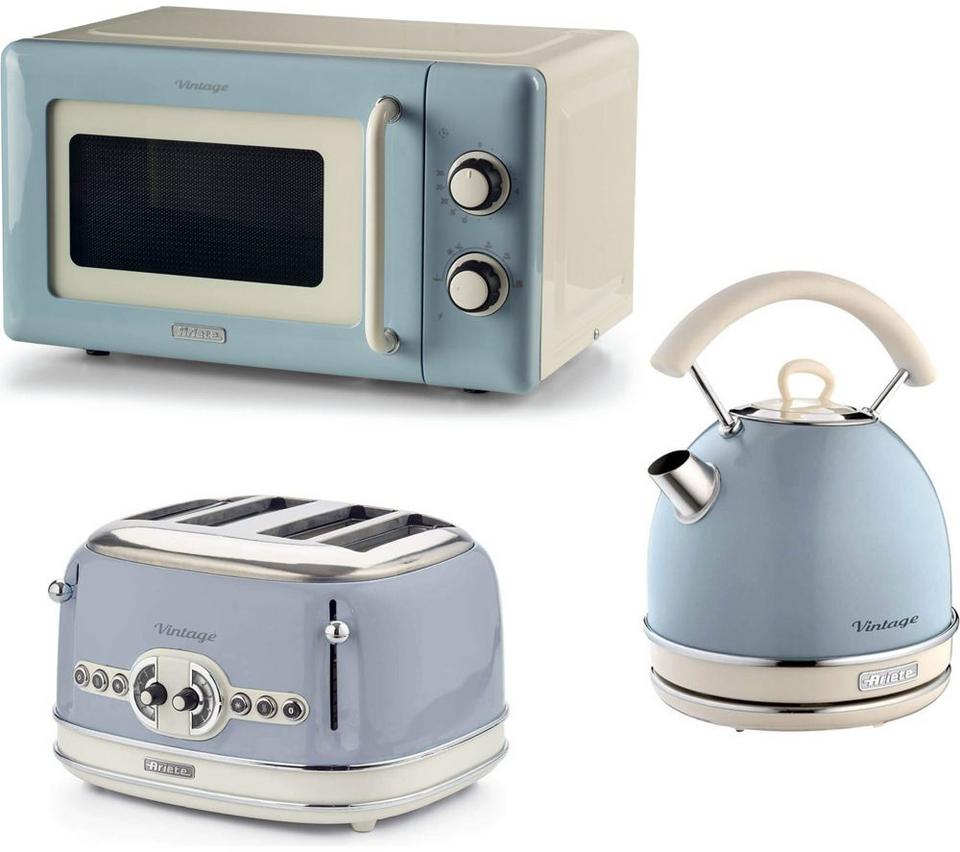 ARIETE Vintage ARPK69 Microwave, Traditional Kettle & 4-Slice Toaster Bundle - Blue