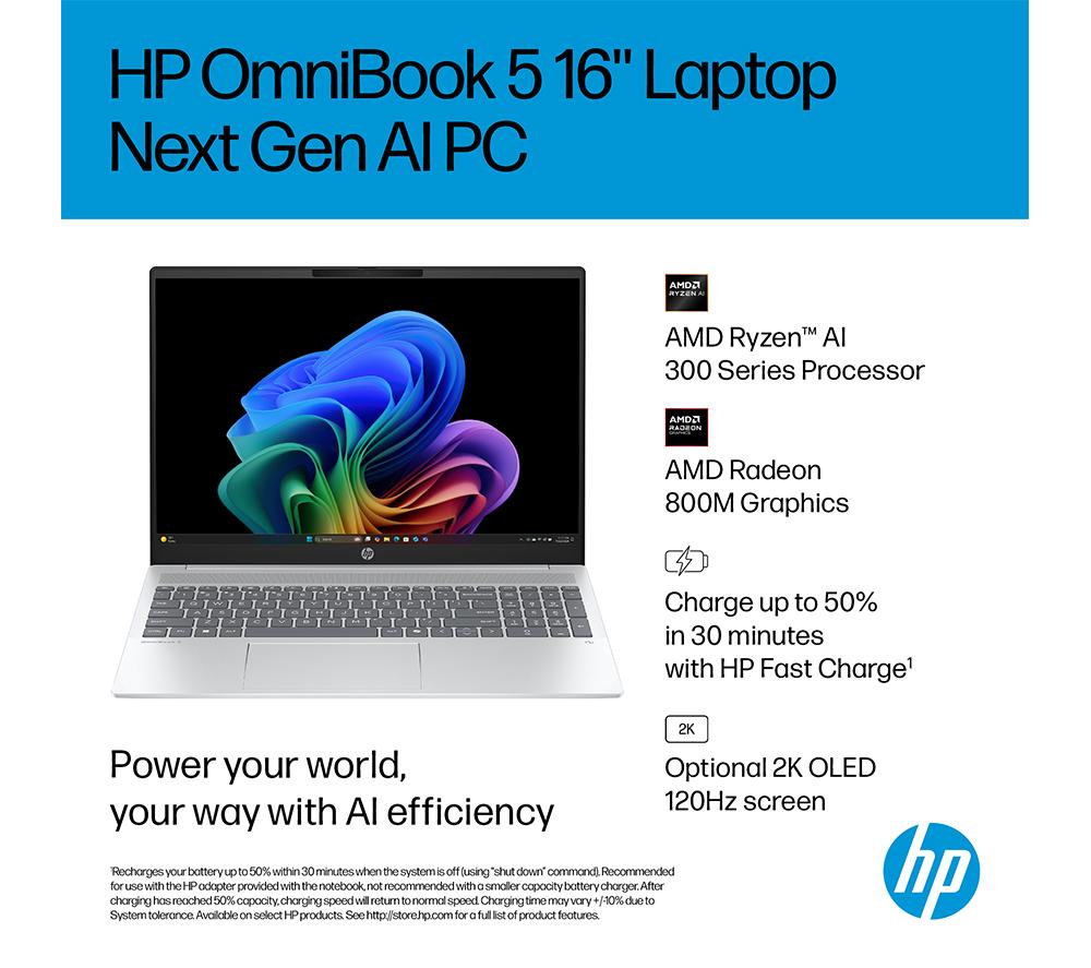 HP OmniBook 5 NGAI 16" Laptop, Copilot+ PC - AMD Ryzen AI 7, 512 GB SSD, Glacier Silver image number 4 of 23