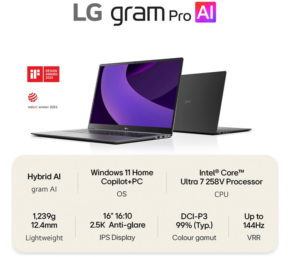 LG gram Pro 16Z90TS-G.AU89A1 16" Laptop, Copilot+ PC - Intel&reg; Core&trade; Ultra 7, 1 TB SSD, Grey image number 2 of 15