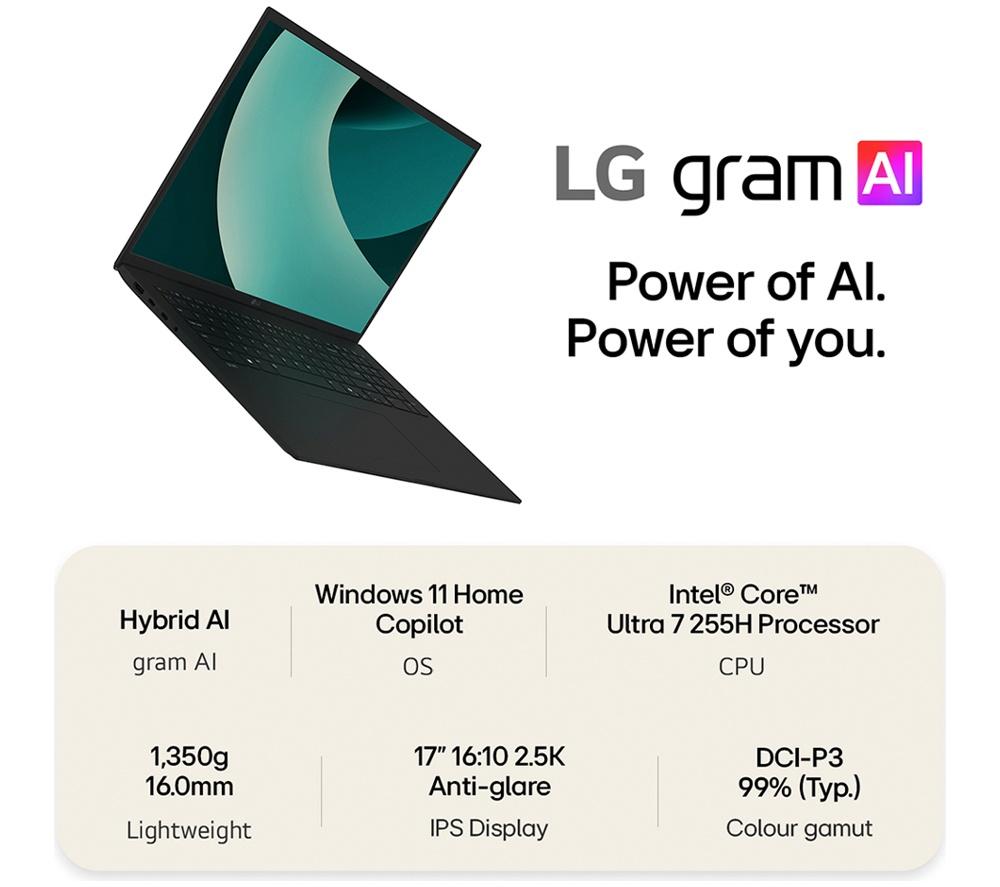LG gram 17 17Z90T-G.AD88A1 17" Laptop - Intel&reg; Core&trade; Ultra 7, 1 TB SSD, Black image number 2 of 14
