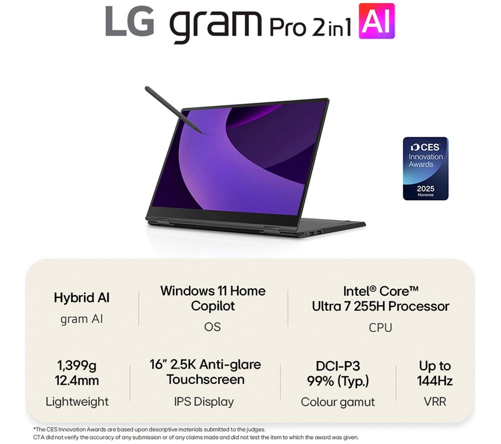 LG gram Pro 16T90TP-G.AA78A1 16" 2 in 1 Laptop - Intel&reg; Core&trade; Ultra 7, 1 TB SSD, Black image number 2 of 18
