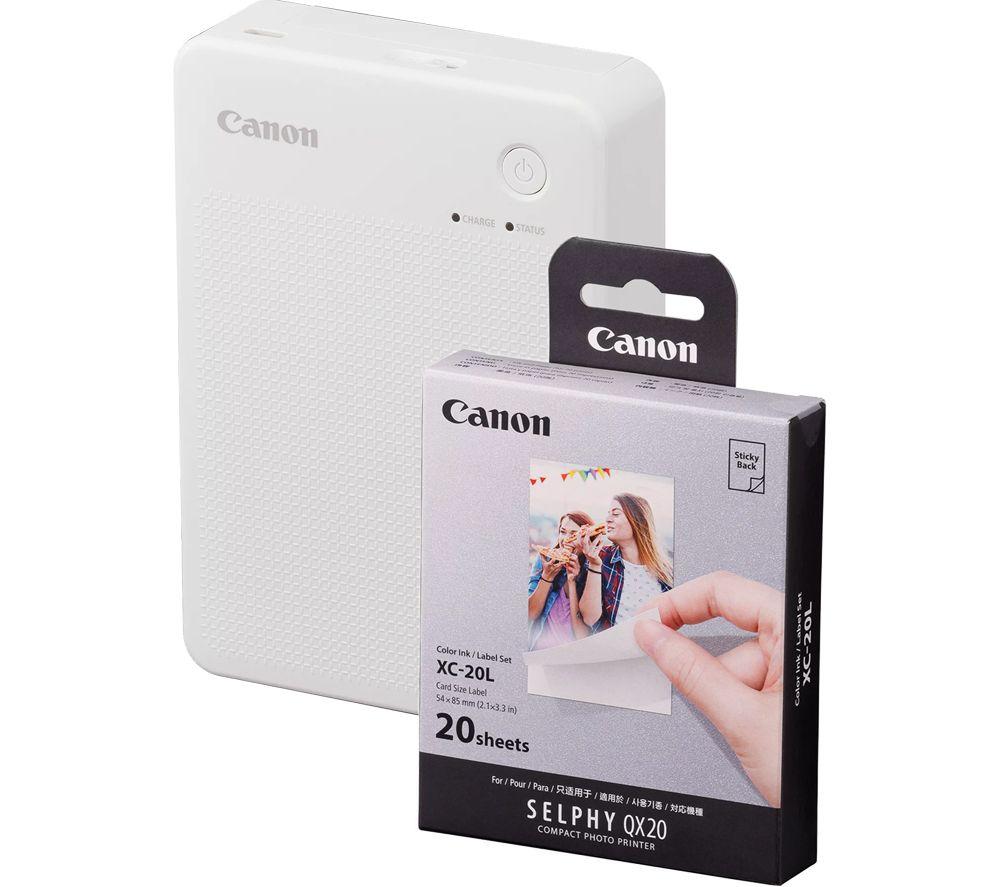 CANON SELPHY QX20 Portable Colour Photo Wireless Printer & XC-20L 54 x 85 mm Photo Paper & Ink Set - Sand White, 20 Sheets, White