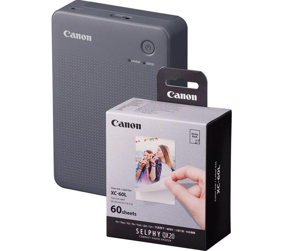 CANON SELPHY QX20 Portable Colour Photo Wireless Printer & XC-60L 54 x 85 mm Photo Paper & Ink Set - Dark Grey, 60 Sheets