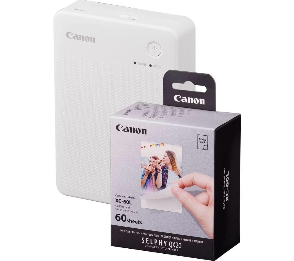 CANON SELPHY QX20 Portable Colour Photo Wireless Printer & XC-60L 54 x 85 mm Photo Paper & Ink Set - Sand White, 60 Sheets, White