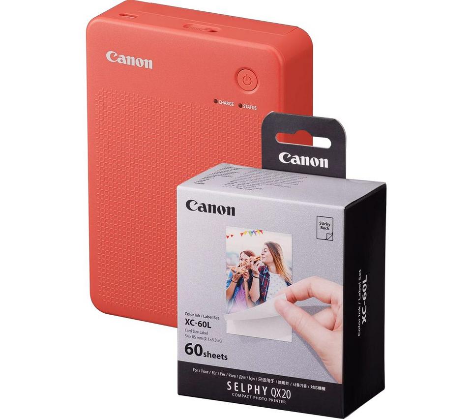 CANON SELPHY QX20 Portable Colour Photo Wireless Printer & XC-60L 54 x 85 mm Photo Paper & Ink Set - Terracotta Red, 60 Sheets