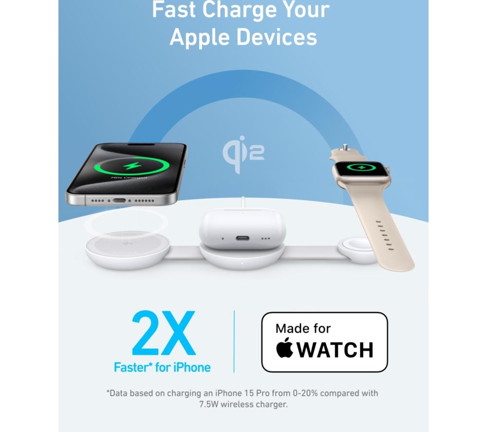 ANKER MagGo 3-in-1 Qi2 15W Wireless Charging Pad - White image number 5 of 8