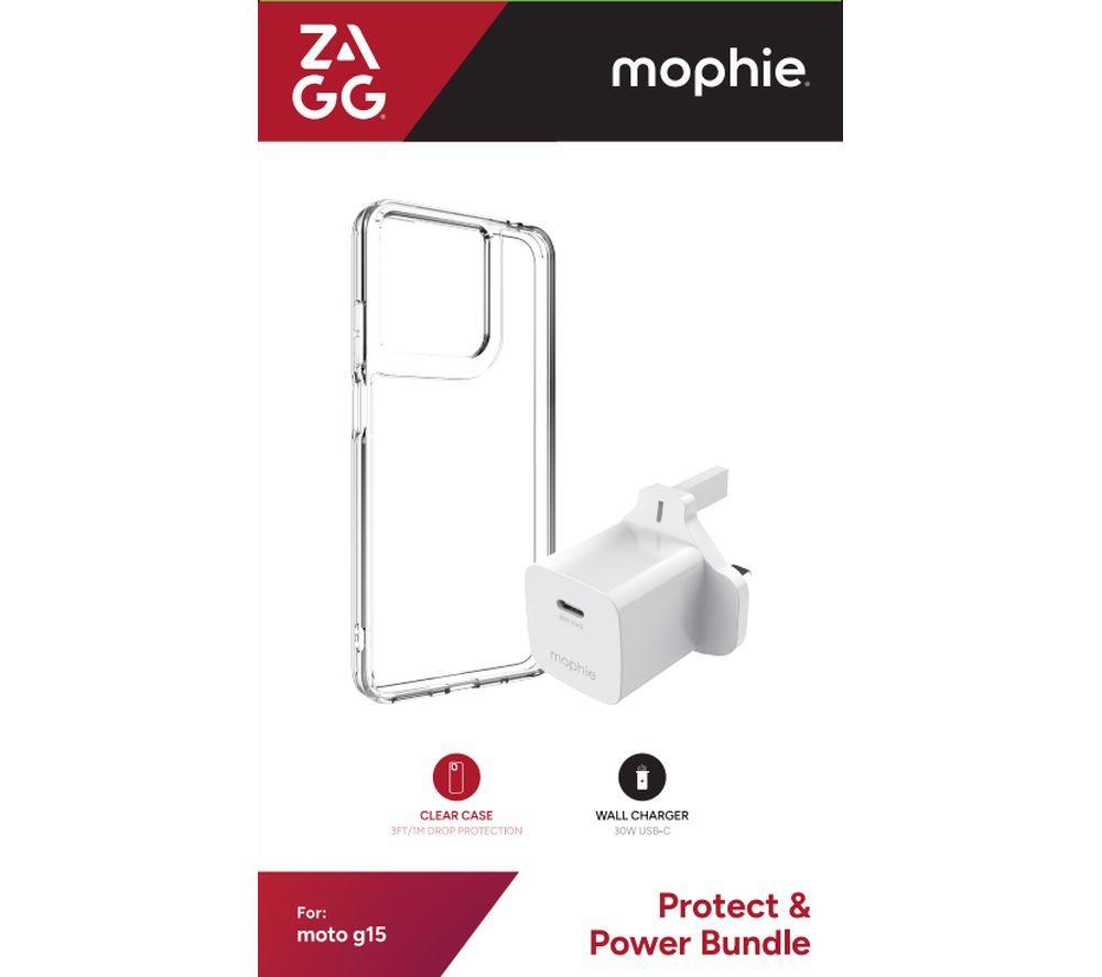 Zagg Moto G15 Clear Case & Mophie 30 W Usb Type-C Wall Charger Bundle, Clear,White