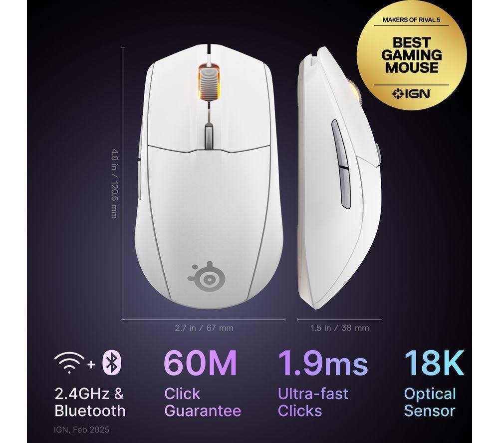 STEELSERIES Rival 3 Gen 2 Wireless Optical Gaming Mouse - White image number 7 of 7