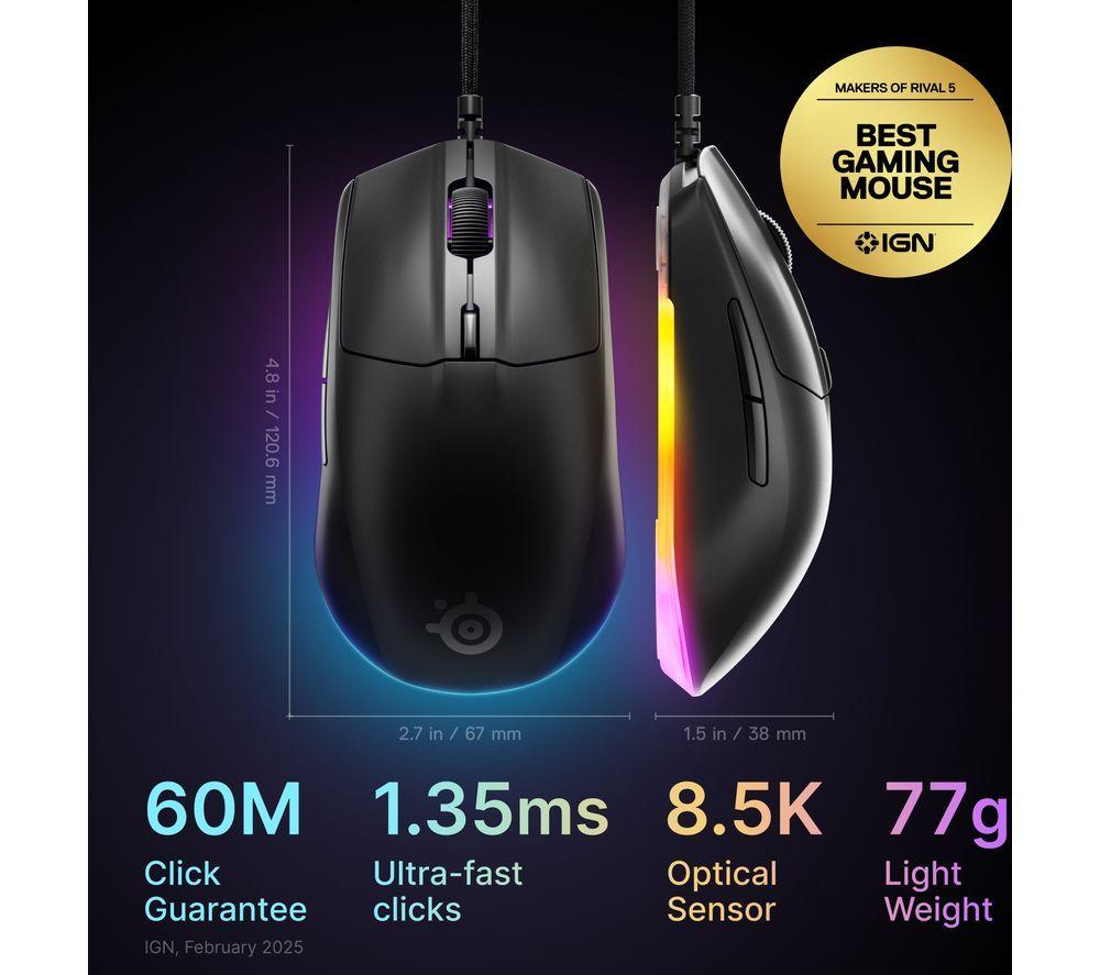 STEELSERIES Rival 3 Gen 2 RGB Optical Gaming Mouse - Black image number 2 of 8