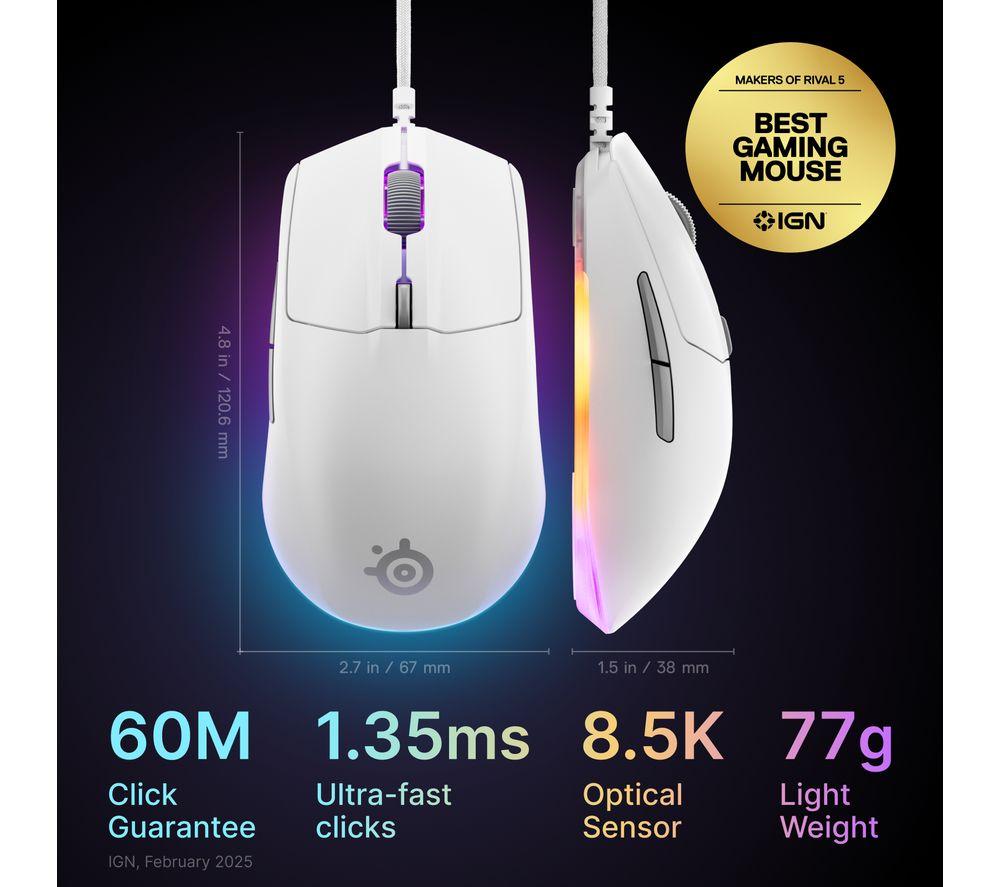 STEELSERIES Rival 3 Gen 2 RGB Optical Gaming Mouse - White image number 8 of 9