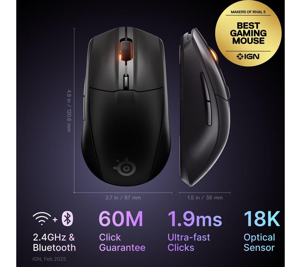 STEELSERIES Rival 3 Gen 2 Wireless Optical Gaming Mouse - Black image number 4 of 8