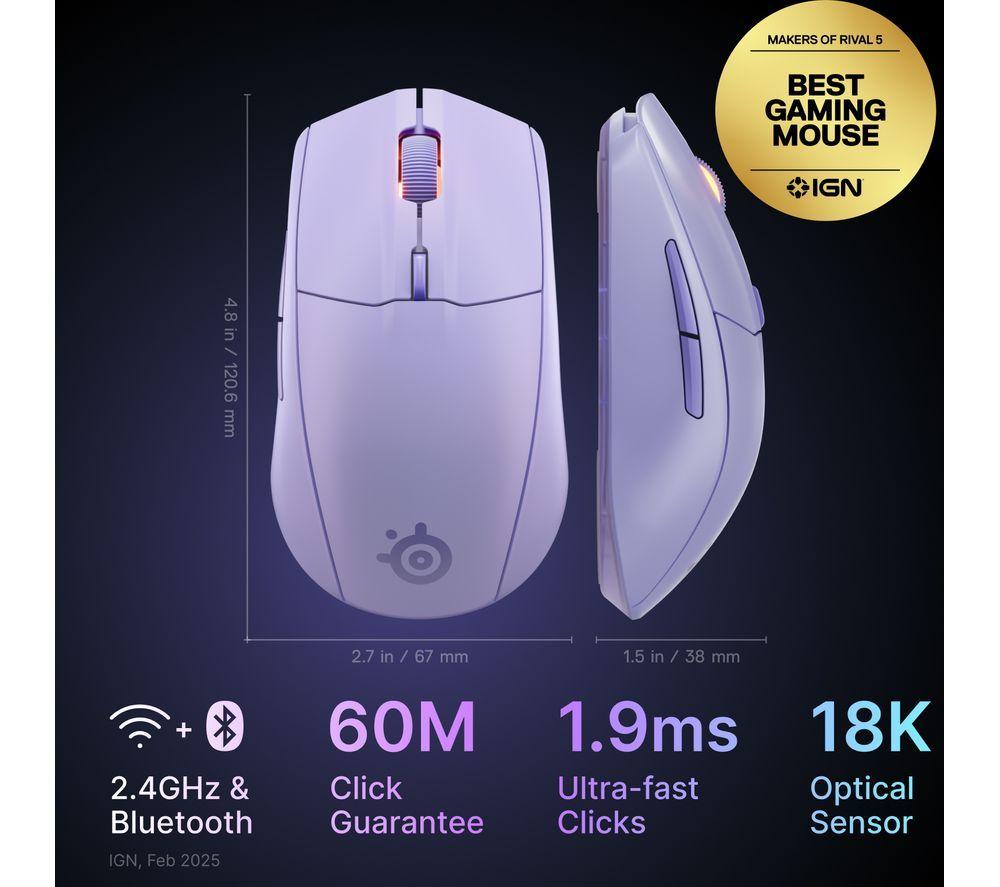 STEELSERIES Rival 3 Gen 2 Wireless Optical Gaming Mouse - Lavender image number 8 of 8