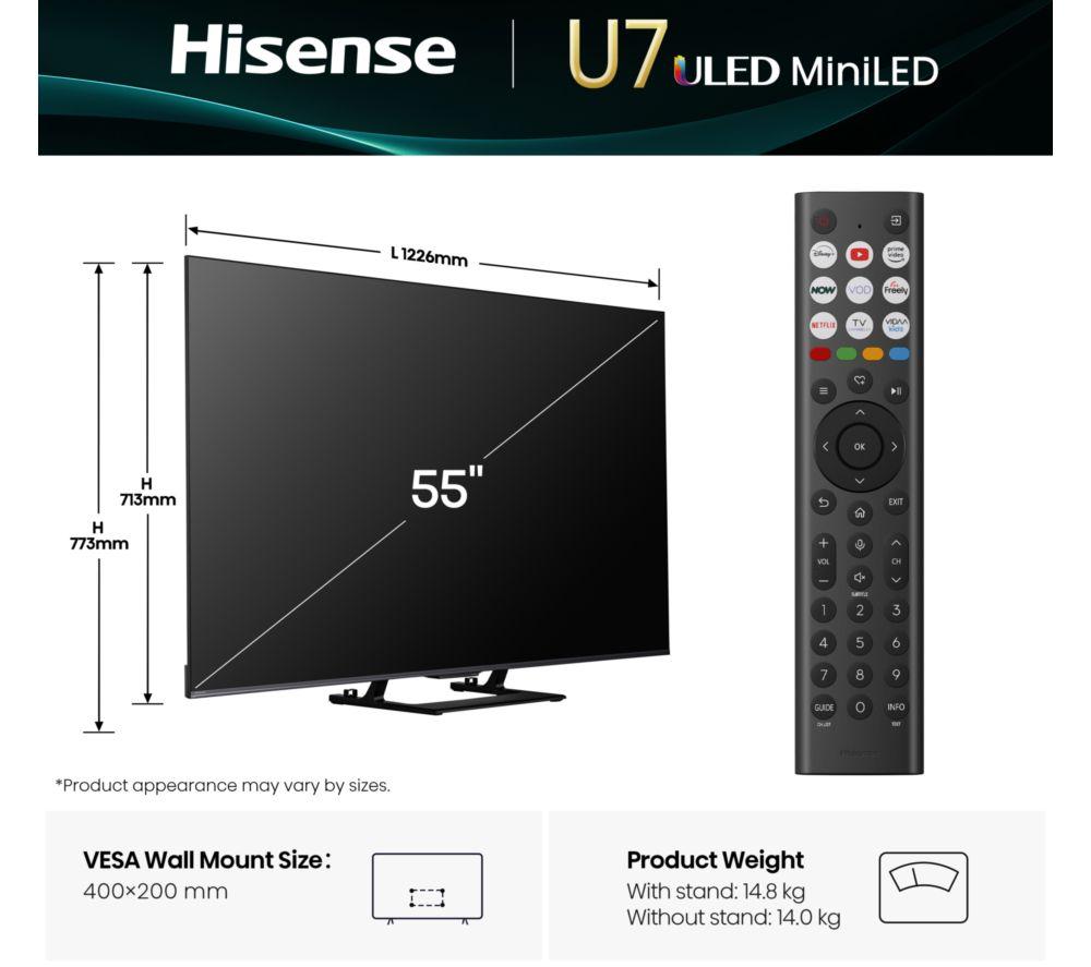 HISENSE U7Q 55" Mini LED 4K 144Hz Smart AI TV with Freely - 55U7QTUK image number 2 of 16