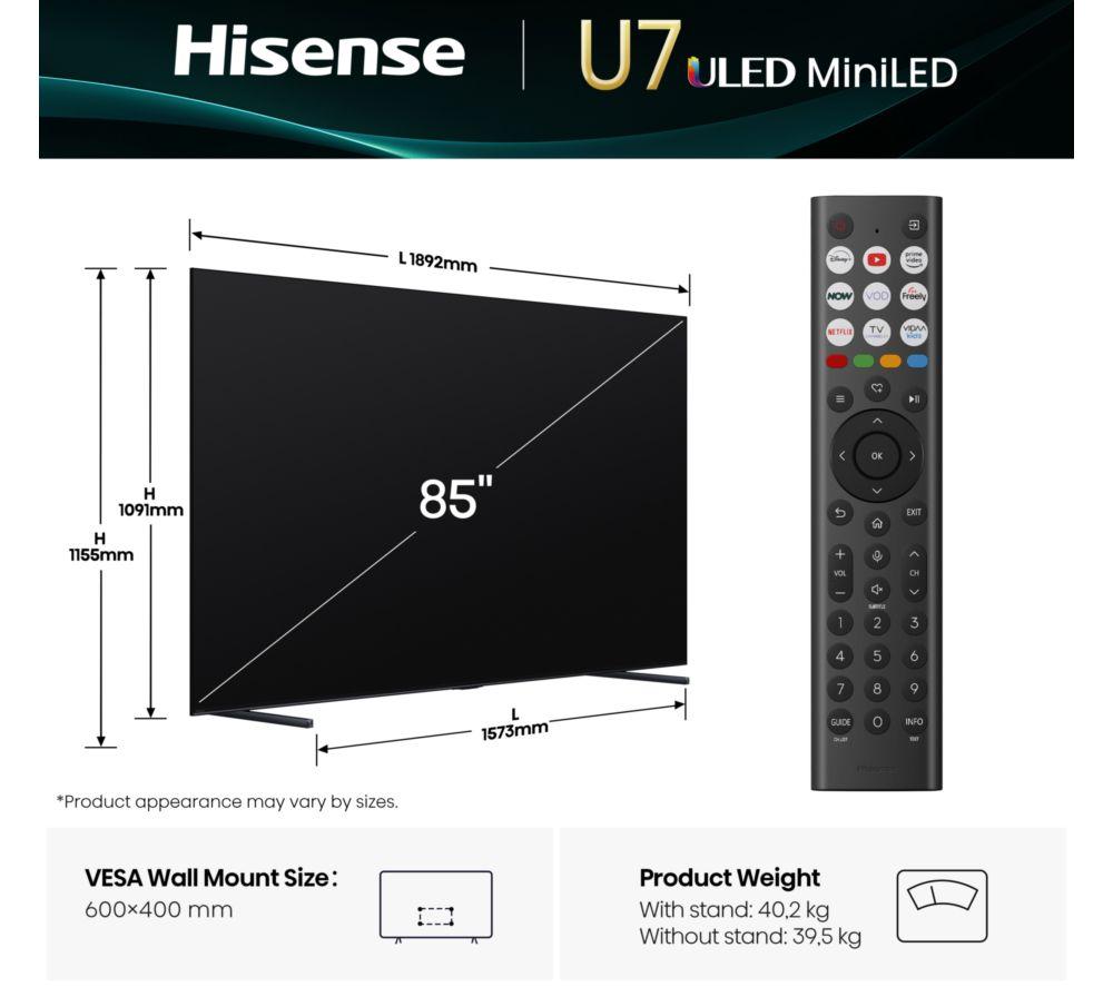 HISENSE U7Q 85" Mini LED 4K 144Hz Smart AI TV with Freely - 85U7QTUK image number 2 of 16