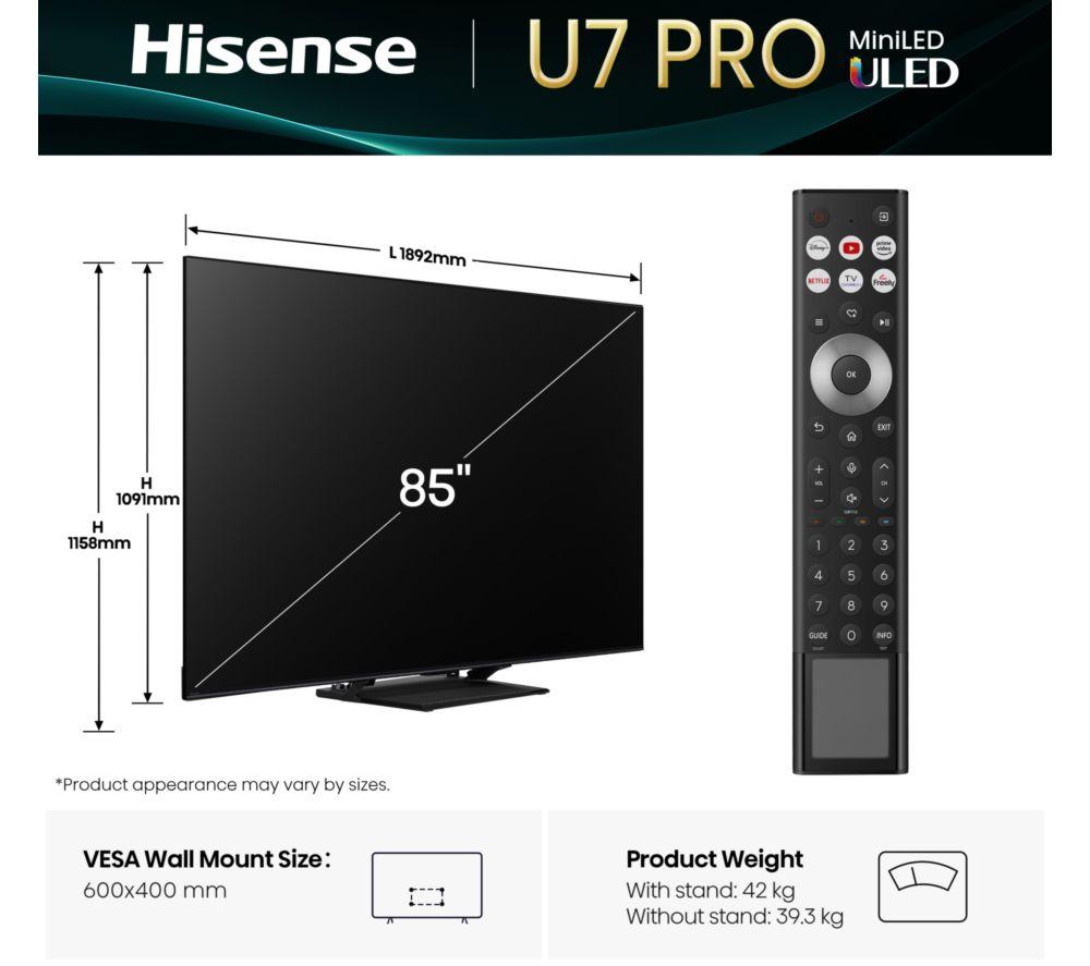 HISENSE U7Q PRO 85" Mini LED 4K 165Hz Smart AI TV with Freely - 85U7QTUK PRO image number 2 of 16
