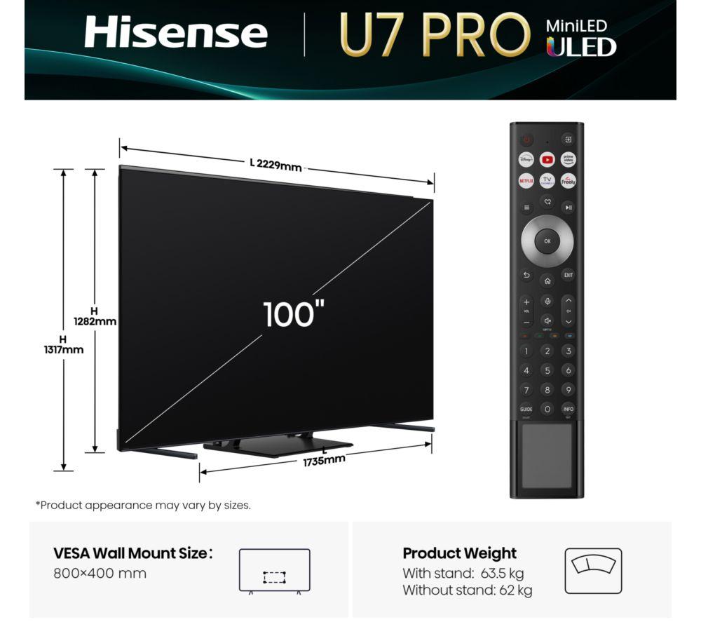HISENSE U7Q PRO 100" Mini LED 4K 165Hz Smart AI TV with Freely - 100U7QTUK PRO image number 2 of 16