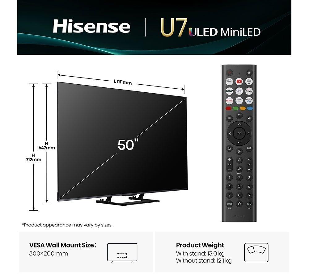HISENSE U7Q 50" Mini LED 4K 144Hz Smart AI TV with Freely - 50U7QTUK image number 2 of 14