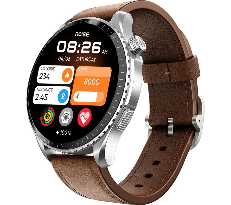 NOISE NoiseFit Origin Smart Watch - Stainless Steel with Brown Leather Band
