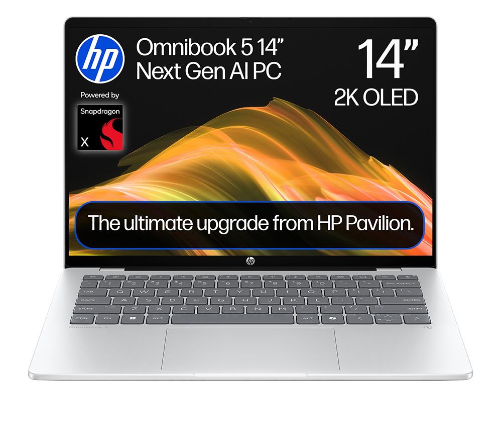 HP OmniBook 5 NGAI 14inch Laptop - Snapdragon X1, 512 GB SSD, Glacier Silver