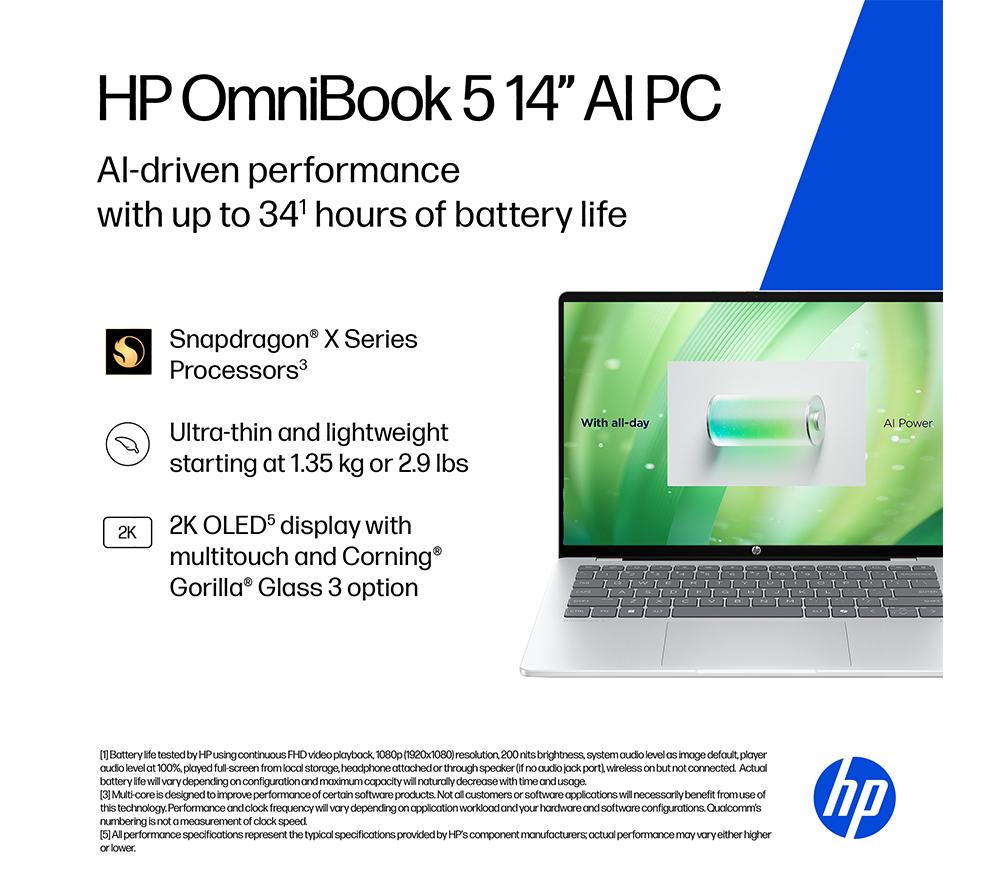 HP OmniBook 5 NGAI 14" Laptop - Snapdragon X1, 512 GB SSD, Glacier Silver image number 4 of 28