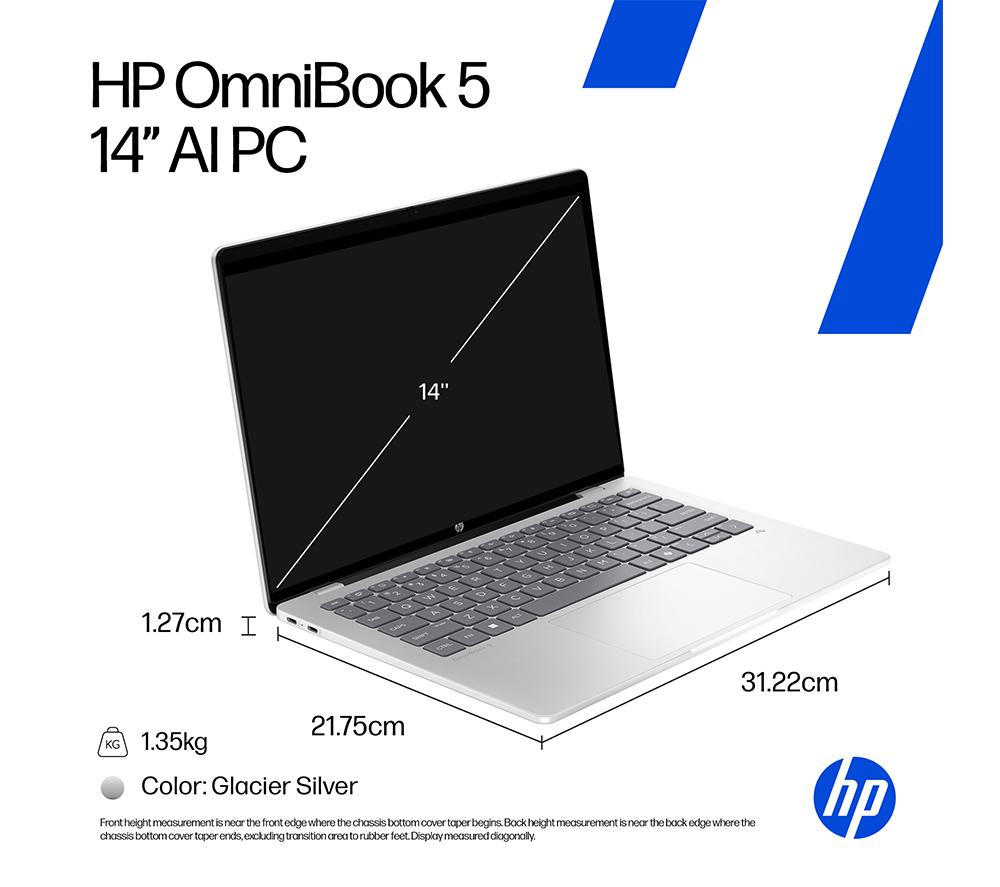 HP OmniBook 5 NGAI 14" Laptop - Snapdragon X1, 512 GB SSD, Glacier Silver image number 12 of 28