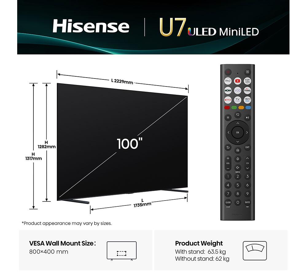HISENSE U7Q 100" Mini LED 4K 165Hz Smart AI TV with Freely - 100U7QTUK image number 2 of 14