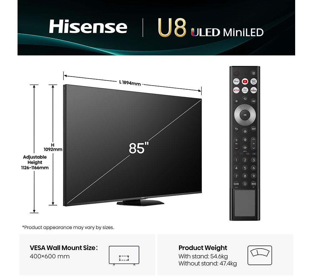 HISENSE U8Q 85" Mini LED 4K 165Hz Smart AI TV with Freely - 85U8QTUK image number 2 of 16