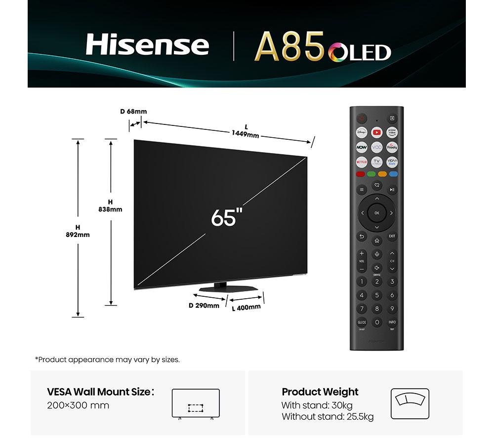 HISENSE A85Q 65" OLED 4K Smart AI TV with Freely - 65A85QTUK image number 3 of 18