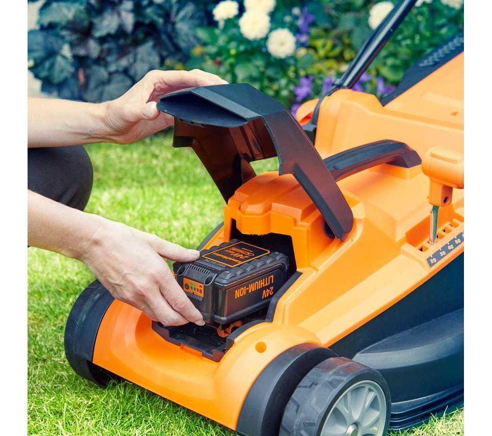 LAWNMASTER CLMF2437G COMBO Cordless Rotary Lawn Mower & Grass Trimmer Set with 2 Batteries - Orange & Black image number 4 of 7