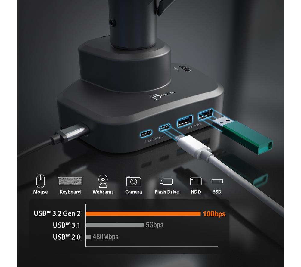 J5CREATE Single Arm Full Motion 17-32" Monitor Desk Mount with Docking Station image number 12 of 13
