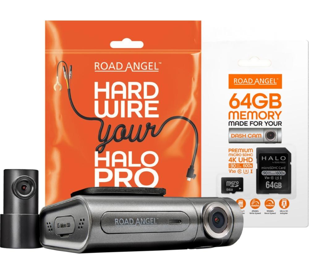 Road Angel Halo Pro Deluxe Quad Hd Front & Full Hd Rear Dash Cam With Sd Card & Hardwiring Kit - Black, Black