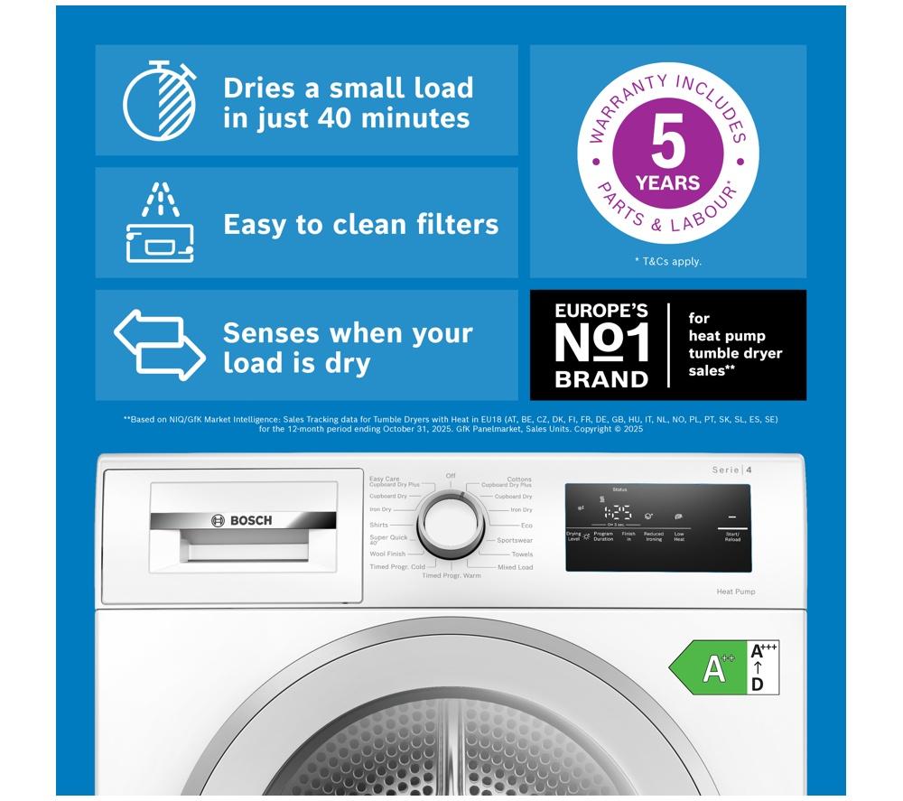 BOSCH Series 4 WTH85226GB 8 kg Heat Pump Tumble Dryer - White image number 2 of 16
