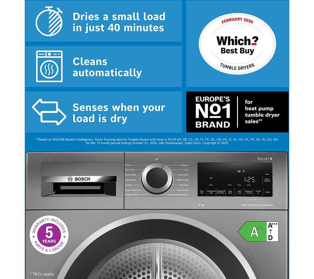 BOSCH Series 6 WQG245R2GB 9 kg Heat Pump Tumble Dryer - Graphite image number 2 of 19