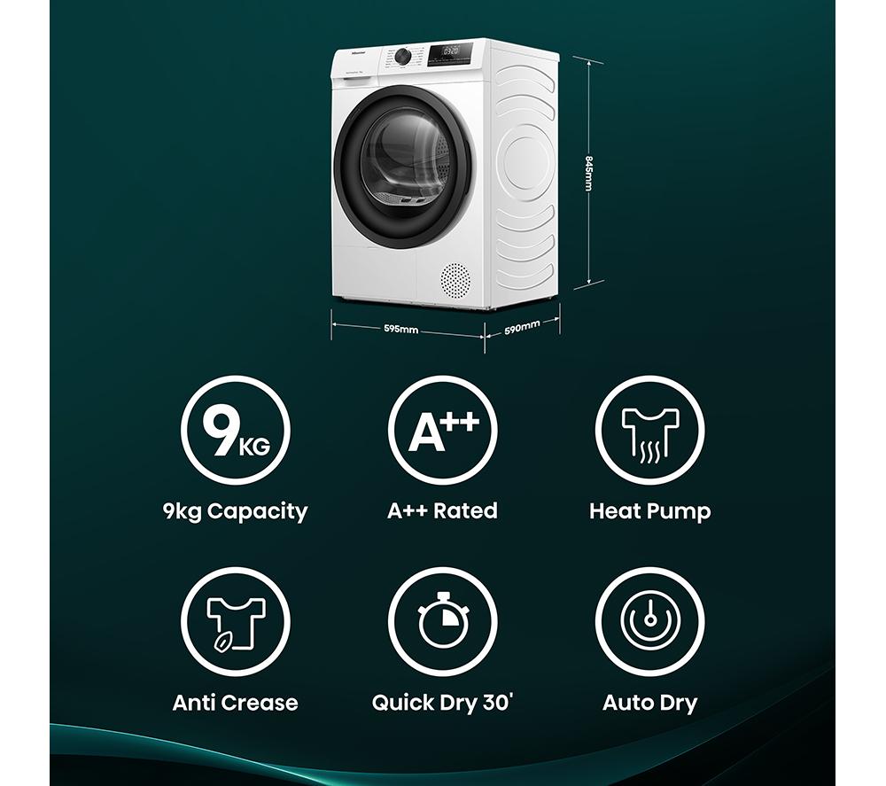 HISENSE 1Q Series DH1Q902BW2 9 kg Heat Pump Tumble Dryer - White image number 2 of 17