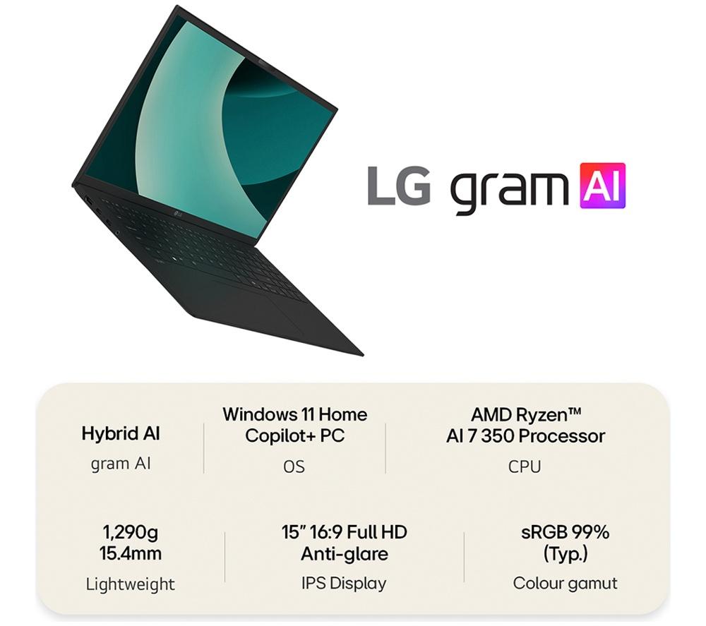 LG gram 15Z80T-G.AU78A1 15.6&rdquo; Laptop, Copilot+ PC - AMD Ryzen AI 7, 1 TB SSD, Black image number 2 of 12
