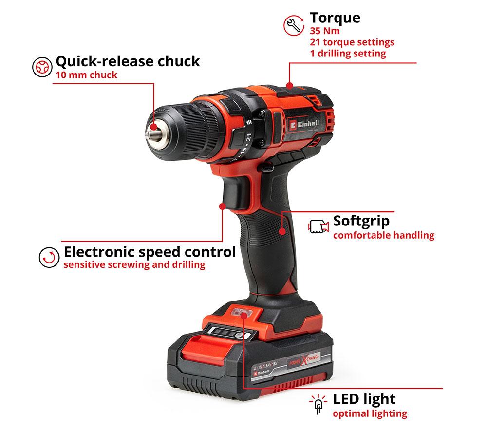 EINHELL TC-CD 18/35 Li Cordless Drill Driver with Battery - Black & Red image number 10 of 10