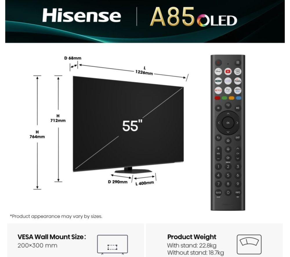 HISENSE A85Q 55" OLED 4K Smart AI TV with Freely - 55A85QTUK image number 17 of 21