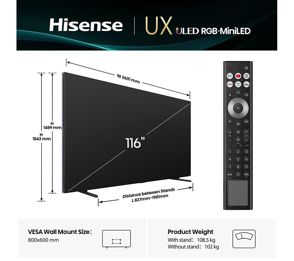 HISENSE UX 116" Tri-Chroma RGB Mini LED Smart AI TV with Freely - 116UXQTUK image number 2 of 12