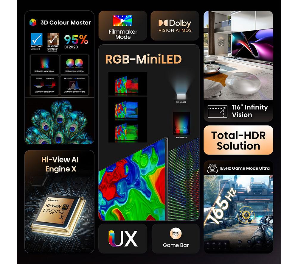 HISENSE UX 116" Tri-Chroma RGB Mini LED Smart AI TV with Freely - 116UXQTUK image number 3 of 12