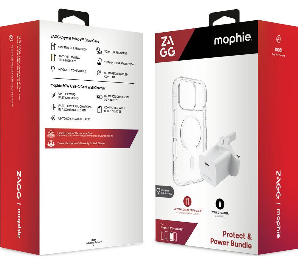 ZAGG Crystal Palace Snap iPhone 17 Pro Clear Case & Mophie 30 W USB Type-C Wall Charger Bundle image number 3 of 3