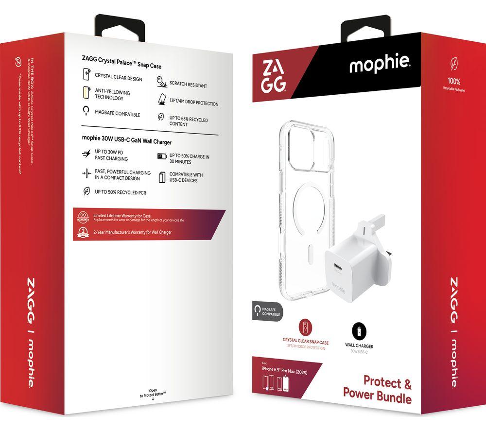 ZAGG Crystal Palace Snap iPhone 17 Pro Max Clear Case & Mophie 30 W USB Type-C Wall Charger Bundle image number 3 of 3