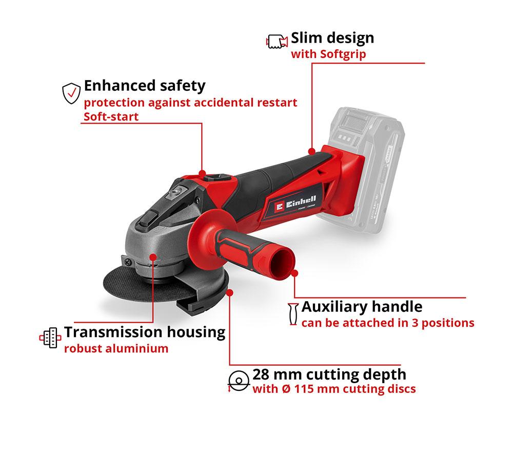 EINHELL TC-AG 18/115 Li-Solo Cordless Angle Grinder - Black & Red image number 10 of 10