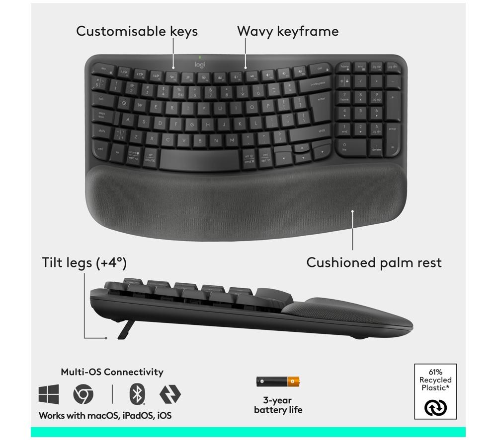 LOGITECH Wave Keys Wireless Keyboard & Lift Mouse Set - Graphite image number 6 of 11