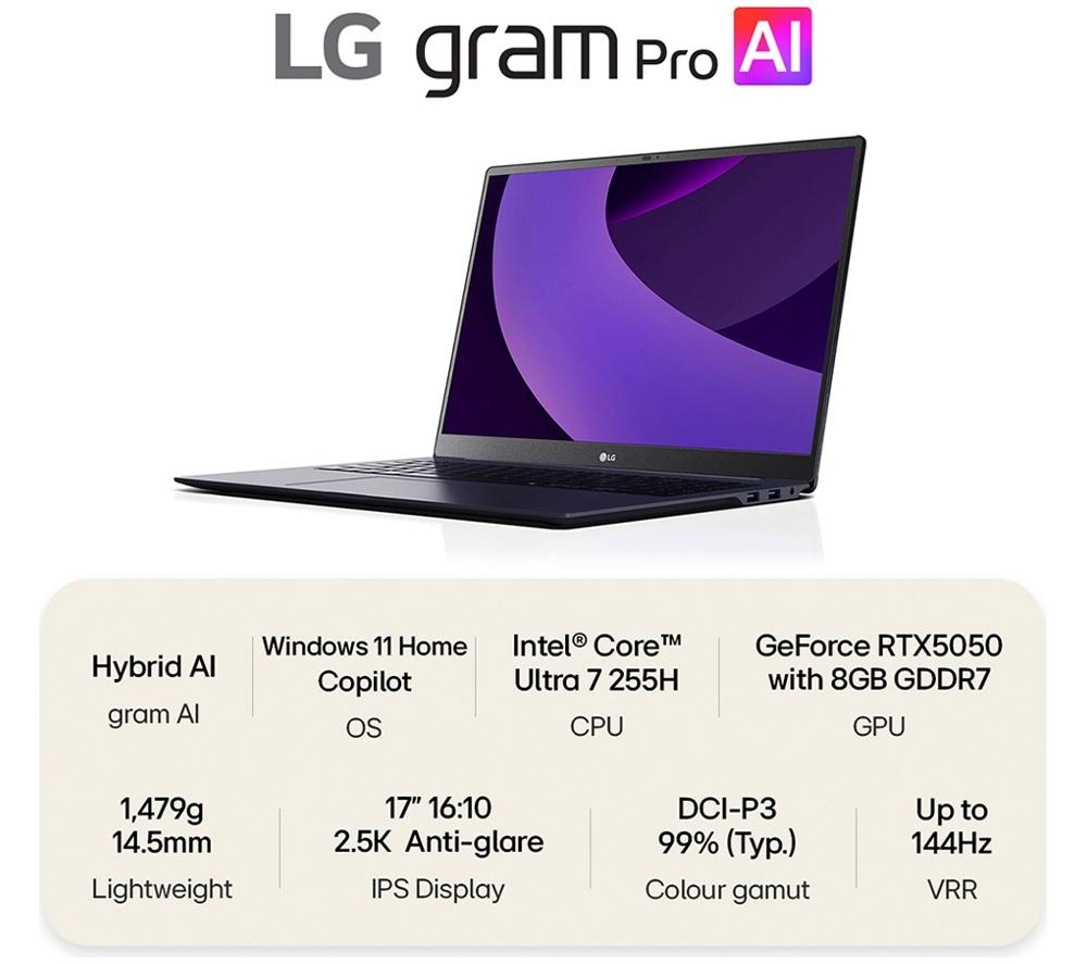 LG gram Pro 17Z90TR-E.AD88A1 17" Laptop - Intel&reg; Core&trade; Ultra 7, 1 TB SSD, Black image number 2 of 16